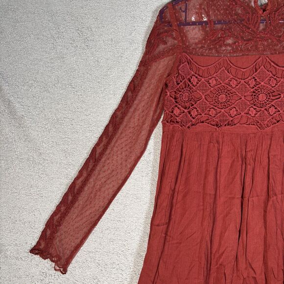 Sundance Mini Dress Womens Size 2 Rust Red Long Sleeve Lace Paneled Crochet Boho - Picture 14 of 14